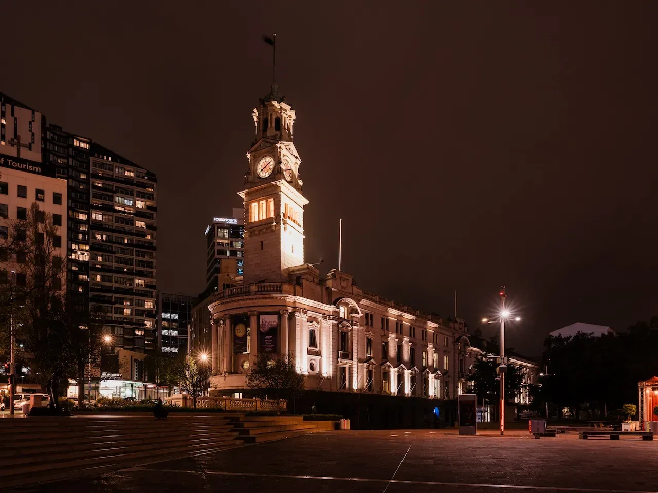 Auckland Town Hall at night from Aotea Square